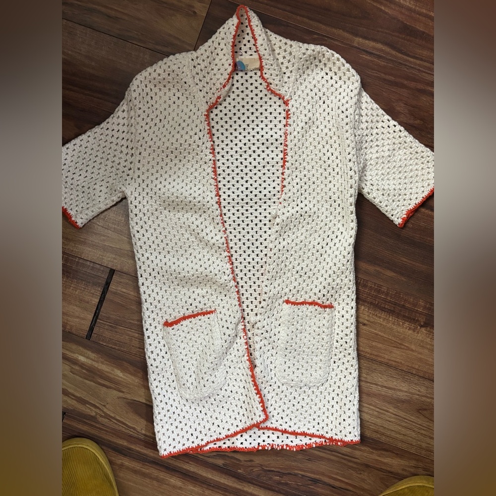 Free people beach white crochet knit chunky kimono blazer long pockets xs beach